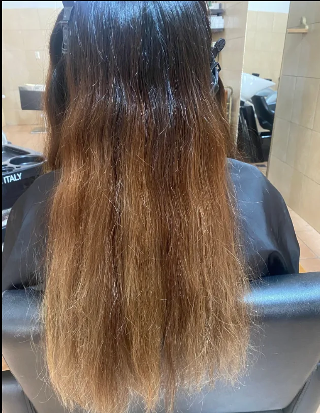 Antes de servicio de color con cabello reseco y tono cobrizo